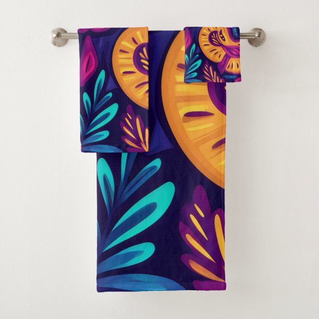 Floral Boho Abstract colourful 4 Bath Towel Set (Insitu)