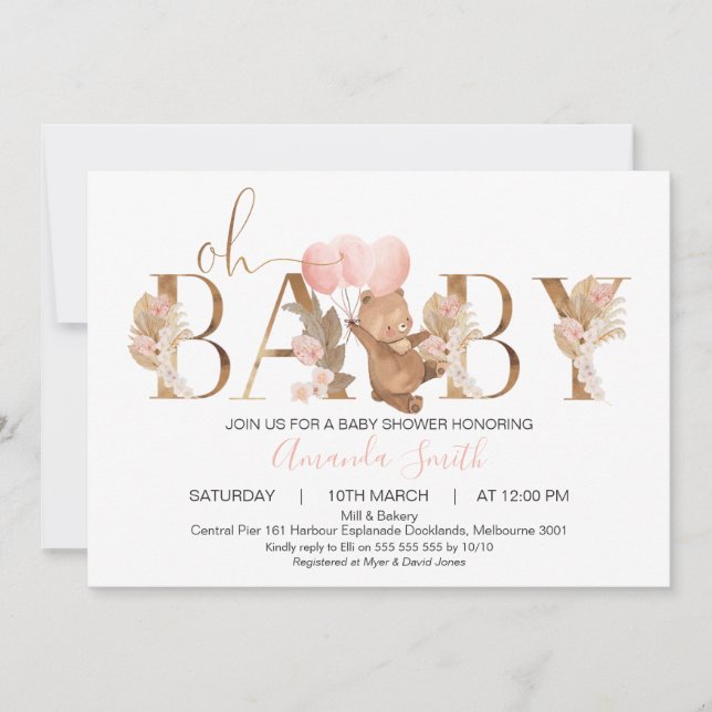 Floral Boho Bear Balloons Word Baby Shower Invitation (Front)