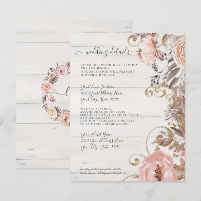 Floral Boho Blush Rose White Wood Wedding Details Invitation (Front/Back)
