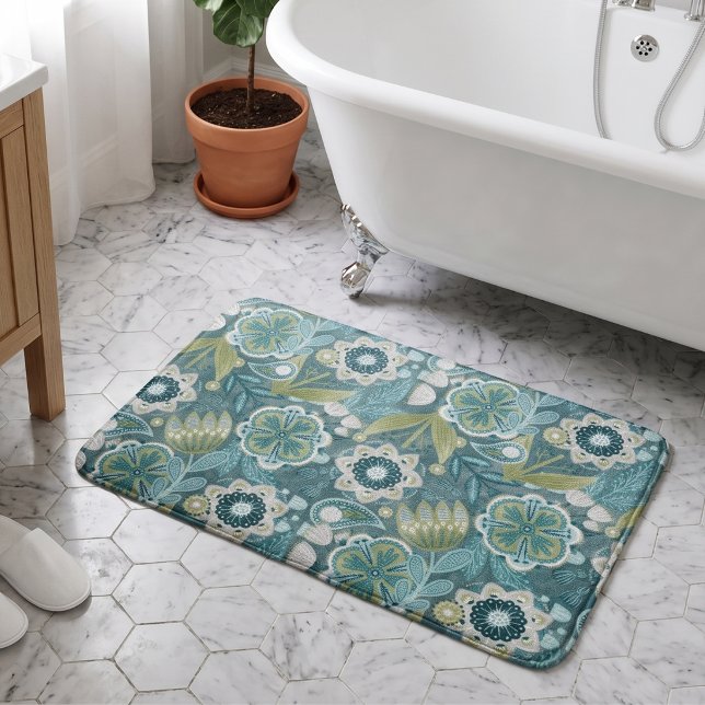 Floral Boho Botanical Pattern Bath Mat (Creator Uploaded)