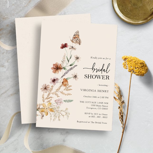 Floral Boho Bridal Shower Invitation (Wildflower Floral Boho Bridal Shower Invitation with Butterfly by Painted Paperie
)