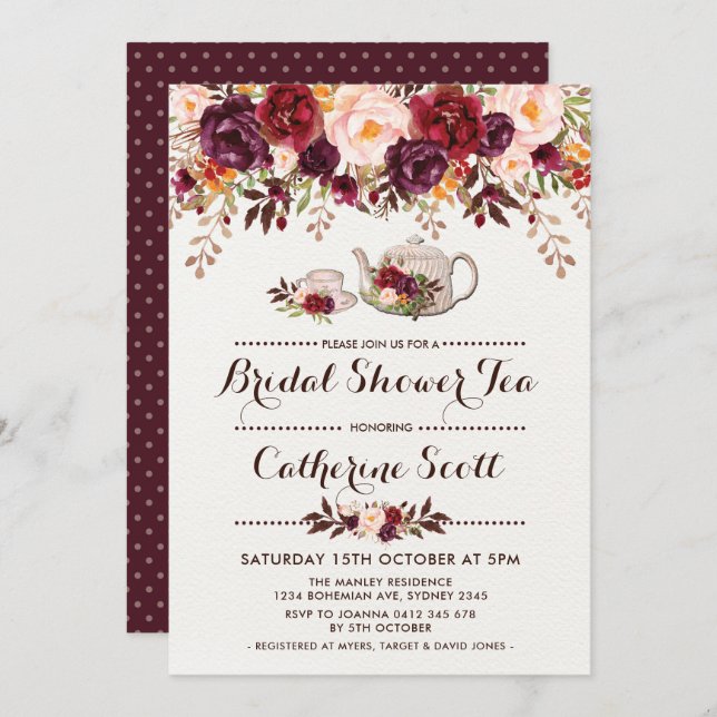 Floral Boho Bridal Shower Tea Party Invitation (Front/Back)
