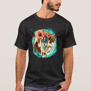 Floral Boho Bull Skull Turquoise Gemstone Western T-Shirt