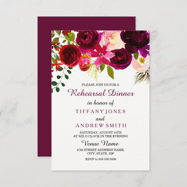 Floral Boho Burgundy Red Wedding Rehearsal Dinner Invitation (Front/Back)