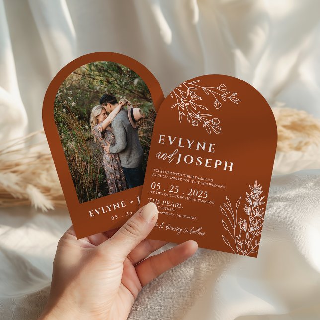 Floral Boho Burnt Orange Terracotta Arched Wedding Invitation (Creator Uploaded)