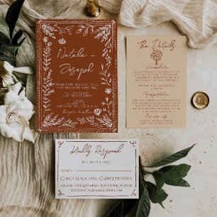 Floral Boho Burnt Orange Terracotta Herbal Wedding Invitation