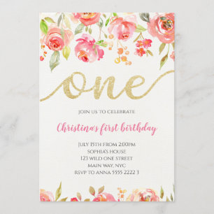 Floral Boho Calligraphy Baby Girl First Birthday Invitation