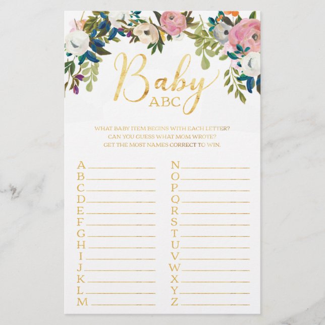 Floral Boho Chic Baby Shower ABC Game (Front)