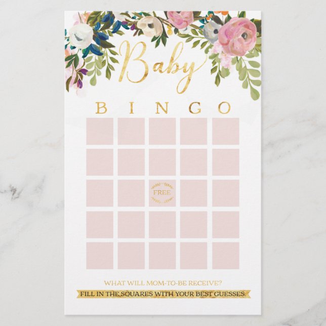 Floral Boho Chic Baby Shower Bingo Game (Front)
