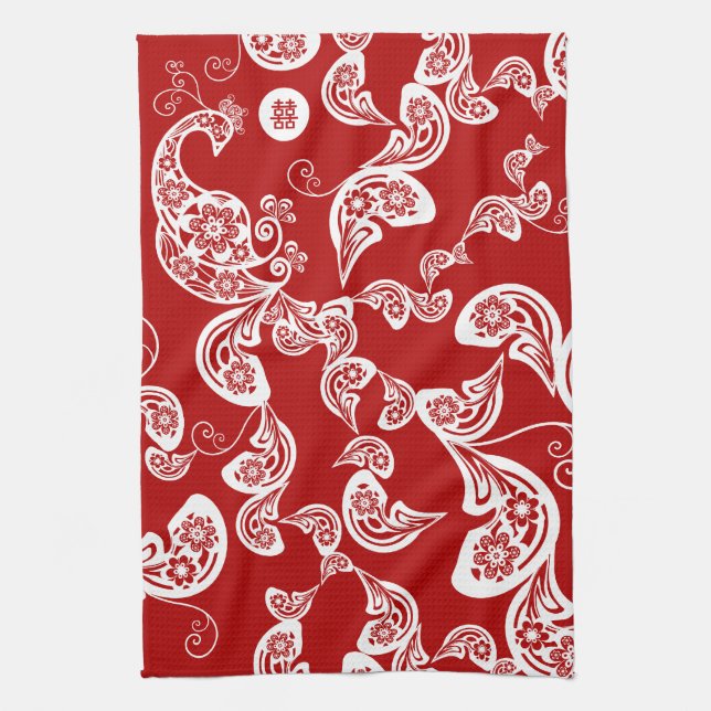 Floral Boho Chic Peacock Elegant Red Asian Wedding Tea Towel (Vertical)