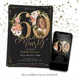 Floral Boho Custom Photo Black Gold 60th Birthday Invitation