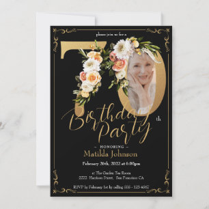 Floral Boho Custom Photo Black Gold 70th Birthday Invitation