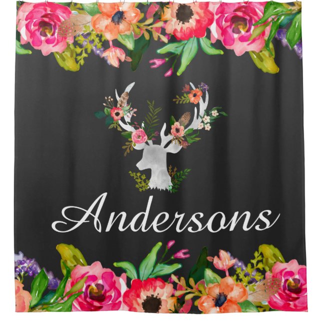Floral Boho Deer Bath Shower Curtain Personalised (Front)