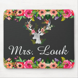 Floral Boho Deer Monogram Name Mouse Pad