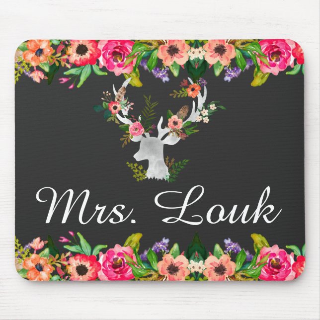 Floral Boho Deer Monogram Name Mouse Pad (Front)