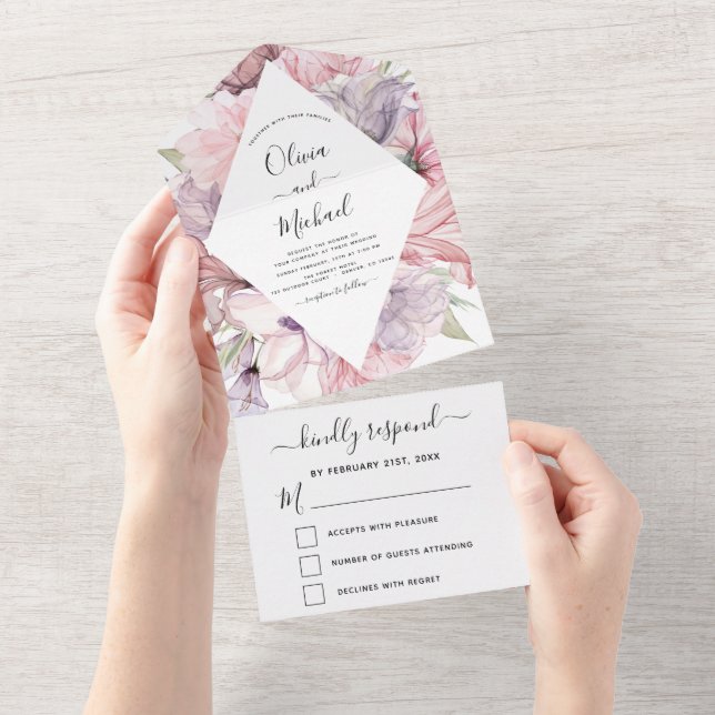Floral Boho Dusty Pink Purple Wedding RSVP All In One Invitation (Tearaway)