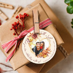 Floral Boho Fall in Love Photo Wedding Thank You Classic Round Sticker<br><div class="desc">Add a heartfelt finishing touch to your wedding favors with this Modern Elegant Floral Boho “Fall in Love” Photo Wedding Thank You Favor Sticker. Designed with a soft floral boho aesthetic and a romantic typography style, this sticker is the perfect way to thank your guests for celebrating your special day....</div>