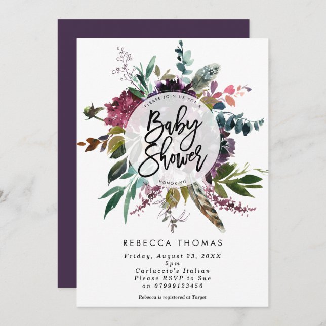 floral boho feathers baby shower invitation (Front/Back)