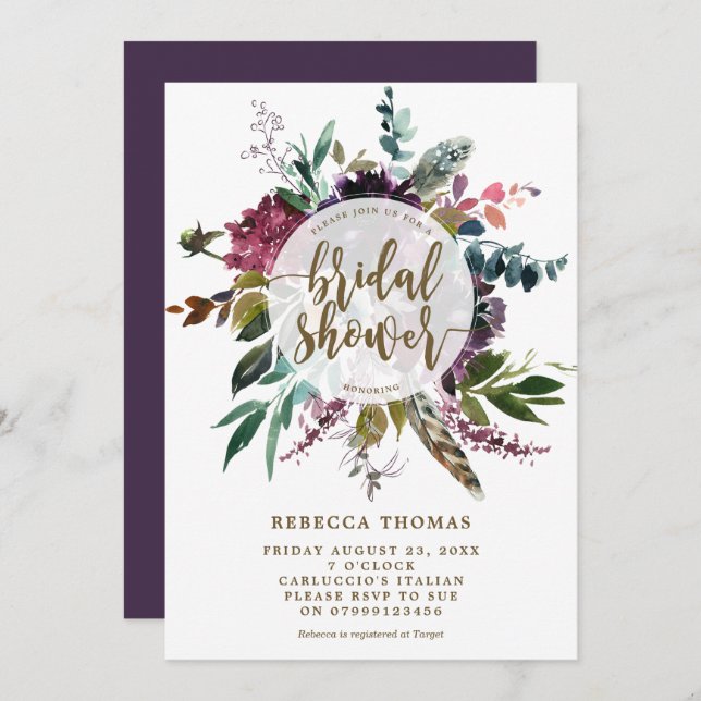 floral boho feathers bridal shower invitation (Front/Back)