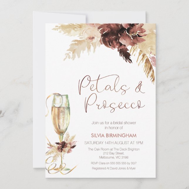 Floral Boho Glass Petals Prosecco Bridal Shower Invitation (Front)