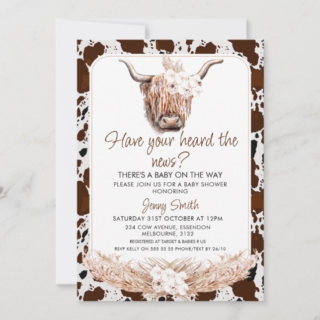 Floral Boho Highland Cow Cow Print Baby Shower Invitation (Front)