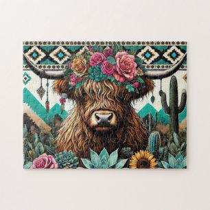 Floral Boho Highland Cow Jigsaw Puzzle