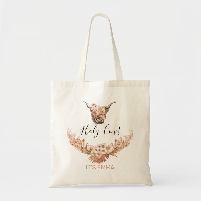 Floral Boho Highland Cow Personalised Tote Bag (Front)