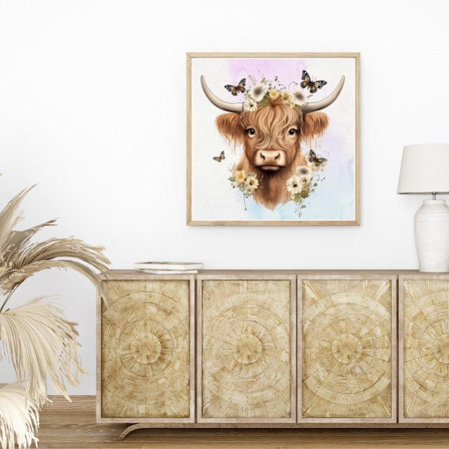 Floral Boho Highland Cow with Pastel Background Poster (Creator Uploaded)