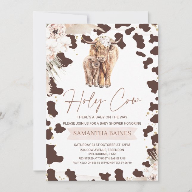 Floral Boho Holy Cow Highland Cow Baby Shower Invitation (Front)
