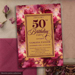 Floral boho maroon blush gold roses 50th birthday  invitation