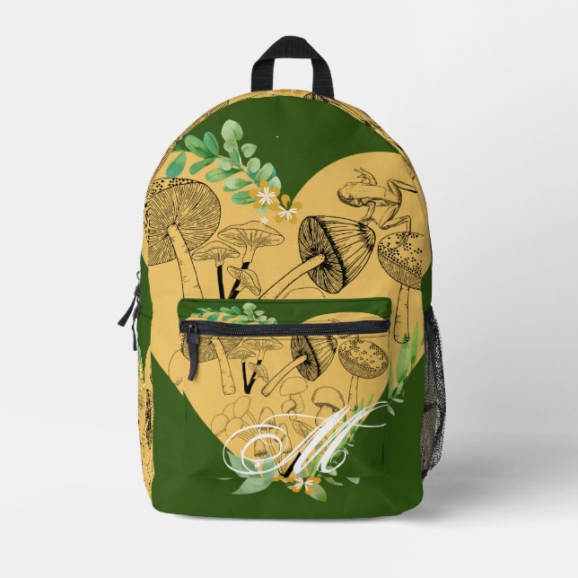 Floral Boho Mushrooms and Frogs Monogram Printed Backpack (Front)