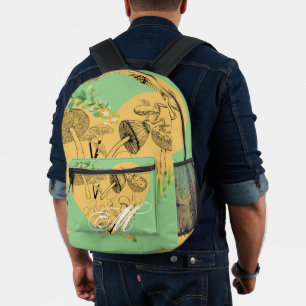 Floral Boho Mushrooms and Frogs Monogram Printed Backpack