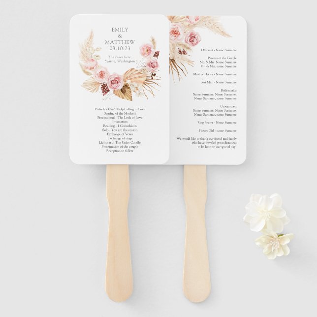 Floral Boho Pampas Grass Watercolor Wedding Fan  (Front and Back)