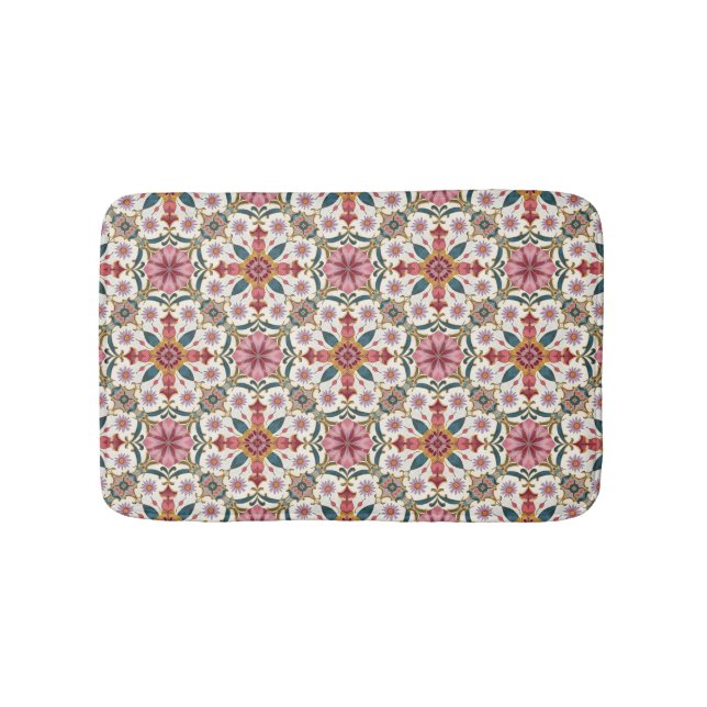 Floral Boho Pattern in Red, Pink & Teal Bath Mat (Front)