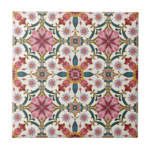 Floral Boho Pattern in Red, Pink & Teal Ceramic Tile