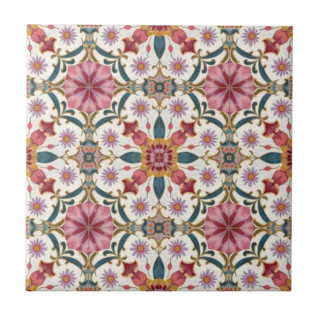 Floral Boho Pattern in Red, Pink & Teal Ceramic Tile (Front)