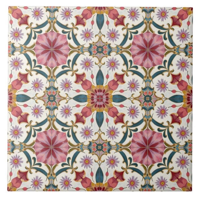 Floral Boho Pattern in Red, Pink & Teal Ceramic Tile (Front)