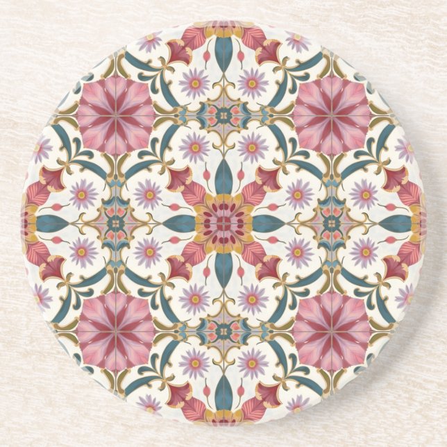Floral Boho Pattern in Red, Pink & Teal Coaster (Front)