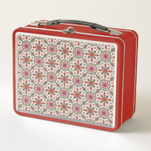 Floral Boho Pattern in Red, Pink & Teal Metal Lunch Box