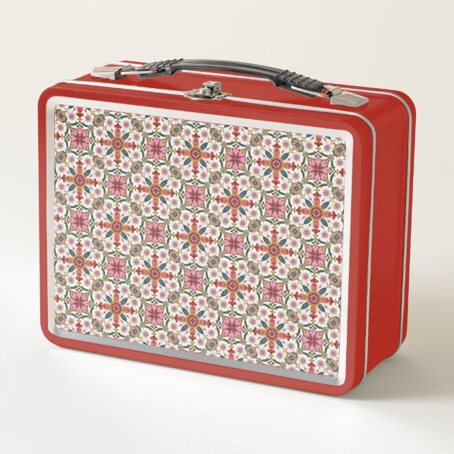 Floral Boho Pattern in Red, Pink & Teal Metal Lunch Box (Front)