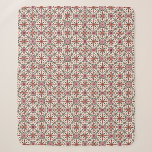 Floral Boho Pattern in Red, Pink & Teal Sherpa Blanket (Front)