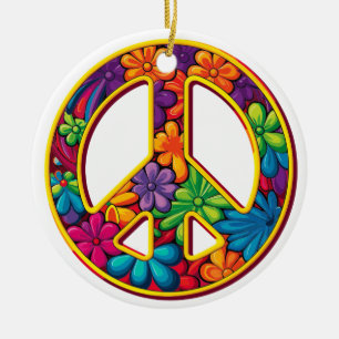 Floral Boho Peace Sign Colorful  Ceramic Ornament