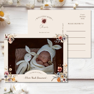 Floral Boho Photo Birth Announcement Postcard