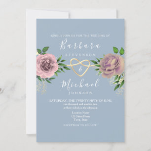 Floral Boho Pink and Dusty Blue Wedding Invitation