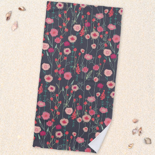 Floral Boho Pink Black Beach Towel