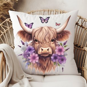 Floral Boho Purple Highland Cow Farmhouse Home Cushion