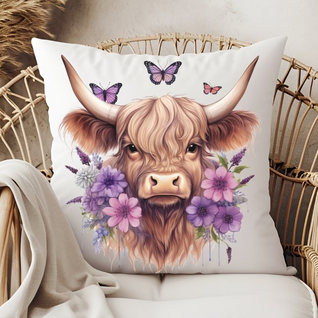Floral Boho Purple Highland Cow Farmhouse Home Cushion (Creator Uploaded)