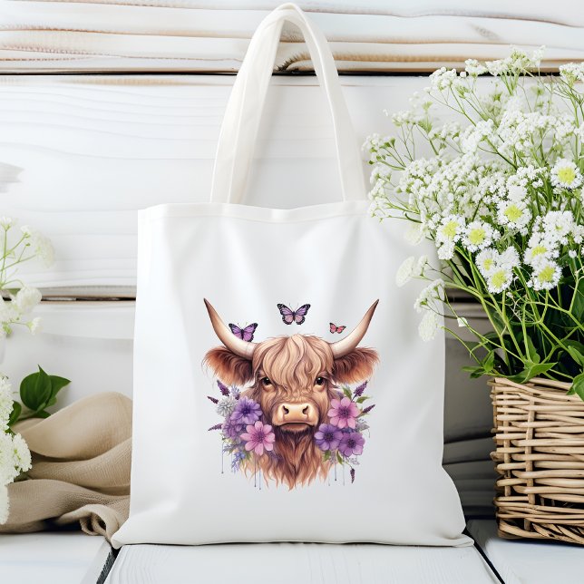 Floral Boho Purple Highland Cow Farmhouse Home Tote Bag (Creator Uploaded)