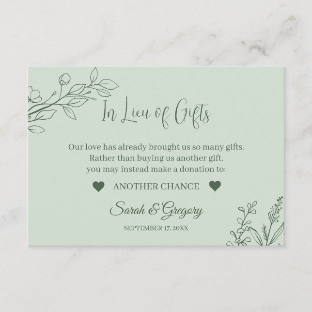Floral Boho Sage Green  "In Lieu of Gifts"  Enclosure Card (Front)