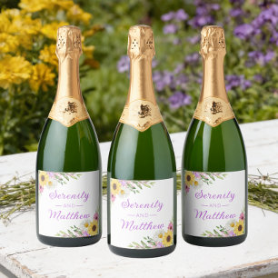 Floral Boho Sunflower Daisy Bridal Shower Sparkling Wine Label